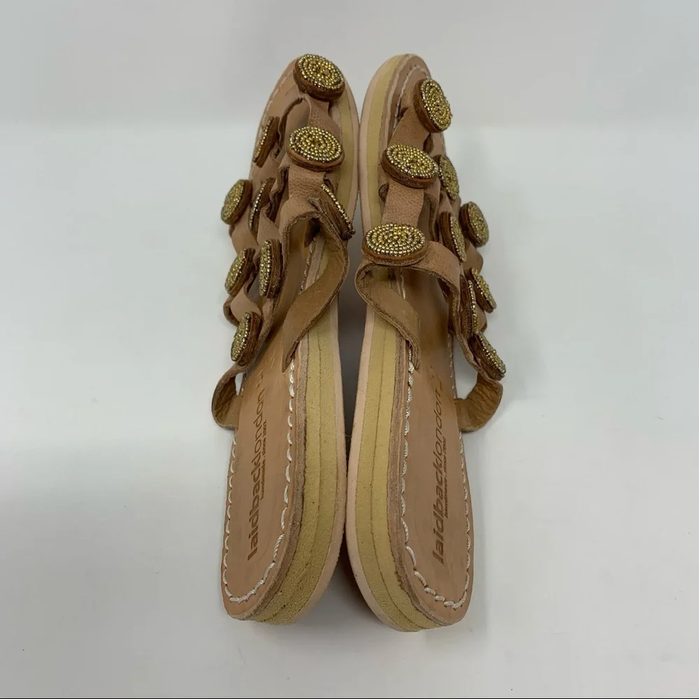 Anthropologie Laid Back London Handmade Leather Beaded Tan Gold Sandal Size 6